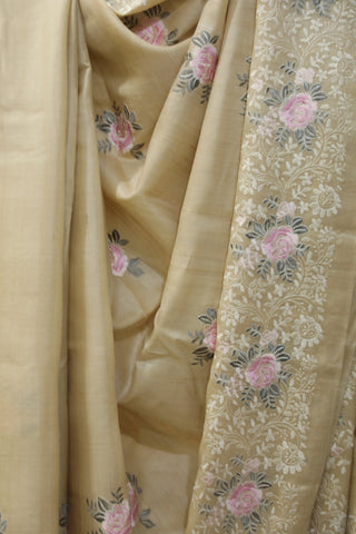 Cream Machine Embroidered Tussar Silk Saree-SRCMETSS910