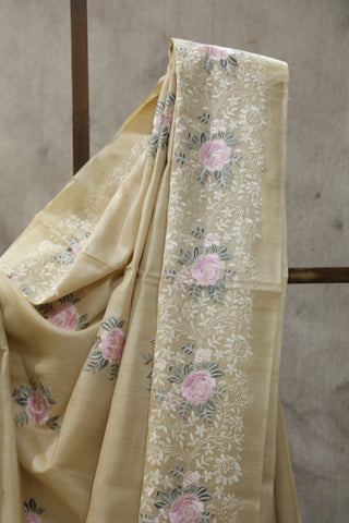 Cream Machine Embroidered Tussar Silk Saree-SRCMETSS910