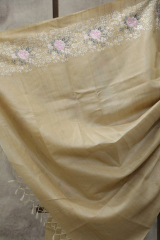 Cream Machine Embroidered Tussar Silk Saree-SRCMETSS910