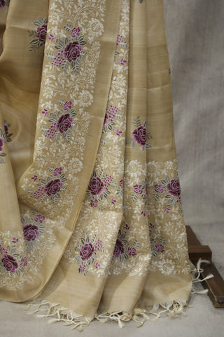 Cream Machine Embroidered Tussar Silk Saree-SRCMETSS908