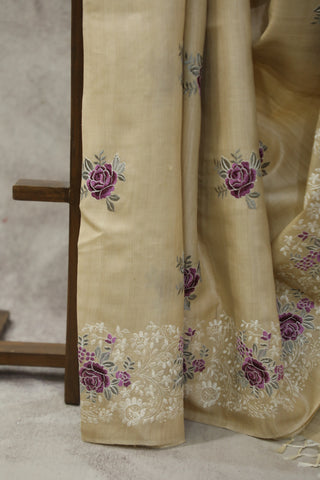 Cream Machine Embroidered Tussar Silk Saree-SRCMETSS908