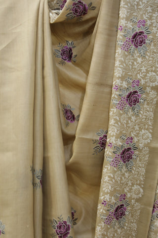 Cream Machine Embroidered Tussar Silk Saree-SRCMETSS908