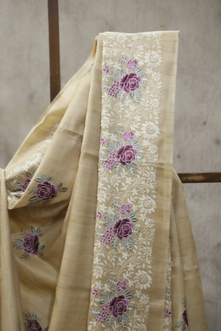 Cream Machine Embroidered Tussar Silk Saree-SRCMETSS908