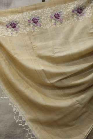 Cream Machine Embroidered Tussar Silk Saree-SRCMETSS908