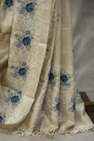 Cream Machine Embroidered Tussar Silk Saree-SRCMETSS907