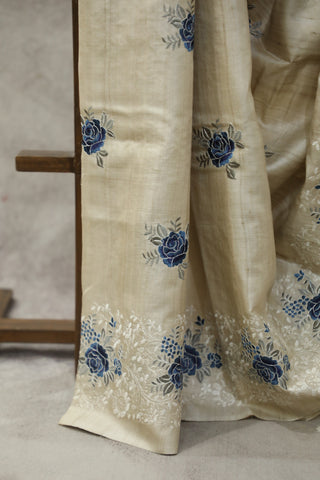 Cream Machine Embroidered Tussar Silk Saree-SRCMETSS907