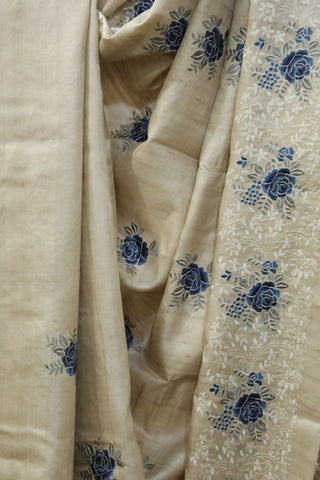 Cream Machine Embroidered Tussar Silk Saree-SRCMETSS907