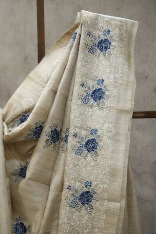 Cream Machine Embroidered Tussar Silk Saree-SRCMETSS907