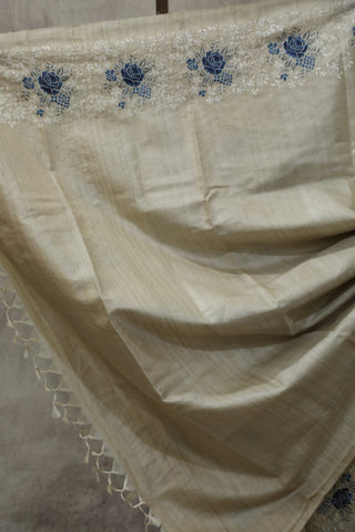 Cream Machine Embroidered Tussar Silk Saree-SRCMETSS907