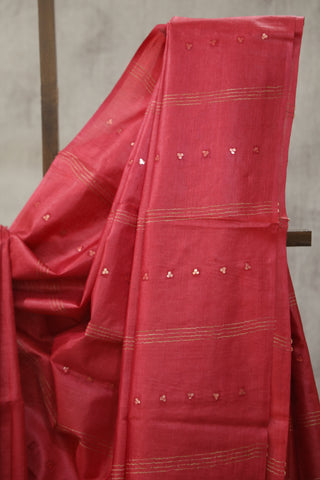 Rose Red Sequin Tussar Silk Saree - SRRRSTSS1005