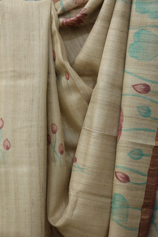 Cream Hand-Painted Tussar Silk Saree - SRCHPTSS996