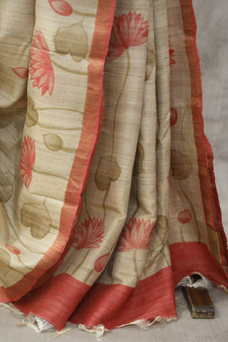 Cream Hand-Painted Tussar Silk Saree - SRCHPTSS987