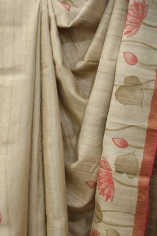 Cream Hand-Painted Tussar Silk Saree - SRCHPTSS987