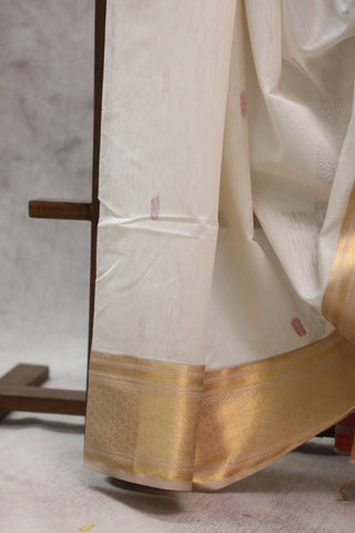 Off-White Silk Maheshwari Saree -SROWSMS180