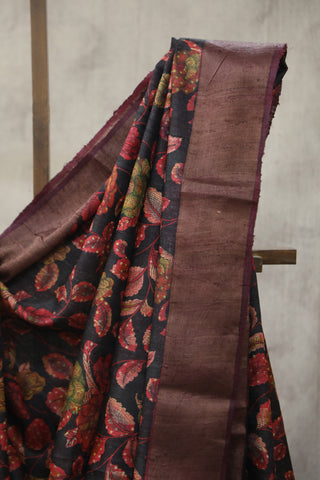 Black Hand-Painted Tussar Silk Saree - SRBHPTSS989