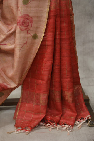 Pink Hand-Painted Tussar Silk Saree - SRPHPTSS998