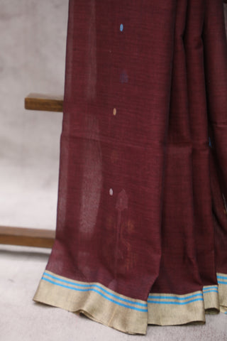 Wine Bengal Cotton Jamdani Saree-SRWBCJS156