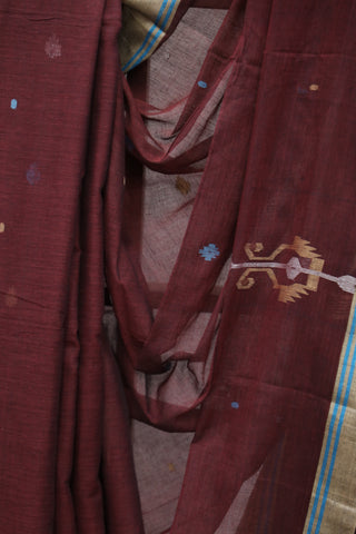 Wine Bengal Cotton Jamdani Saree-SRWBCJS156