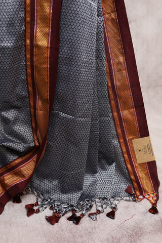 Grey Plain Khun Saree With Maroon Border-SRGPKS157