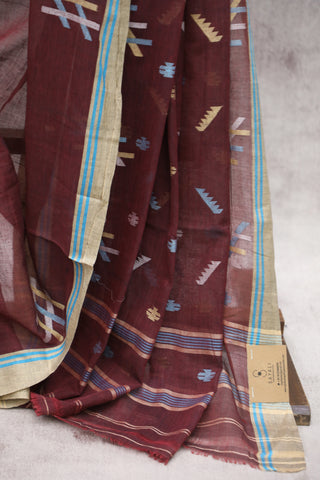 Wine Bengal Cotton Jamdani Saree-SRWBCJS155