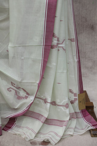 Off White Bengal Cotton Jamdani Saree-SROWBCJS158