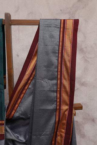 Grey Plain Khun Saree With Maroon Border-SRGPKS155