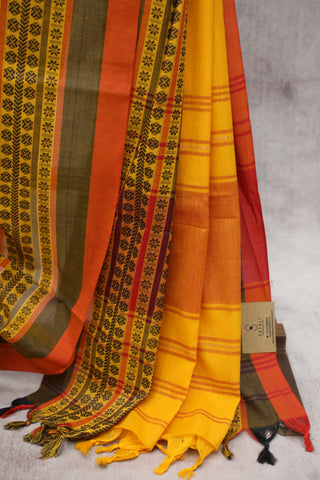 Yellow Bengal Cotton Saree With Nakshi Border-SRYBCS58