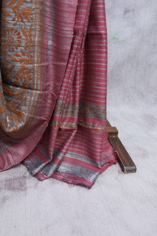 Grey Ghicha Tussar Silk Embroidered Kantha Saree-SRGGTSKS677