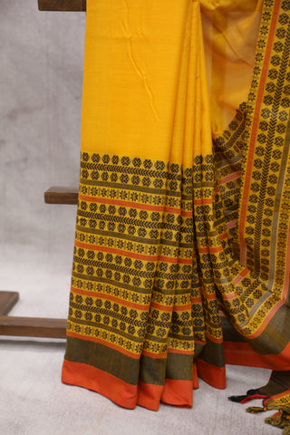 Yellow Bengal Cotton Saree With Nakshi Border-SRYBCS58