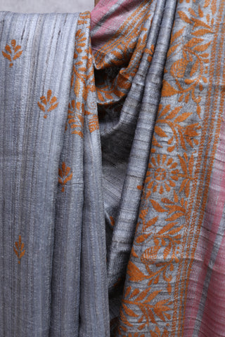 Grey Ghicha Tussar Silk Embroidered Kantha Saree-SRGGTSKS677