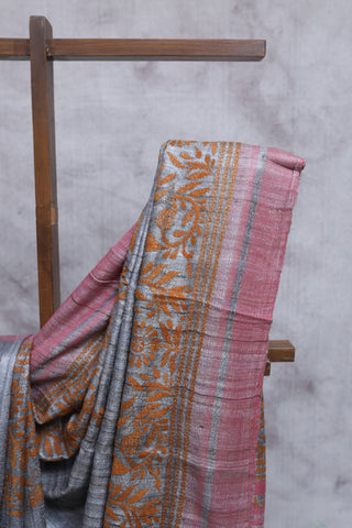 Grey Ghicha Tussar Silk Embroidered Kantha Saree-SRGGTSKS677