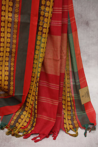 Red Bengal Cotton Saree With Nakshi Border-SRRBCS59