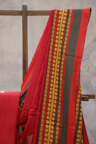 Red Bengal Cotton Saree With Nakshi Border-SRRBCS59