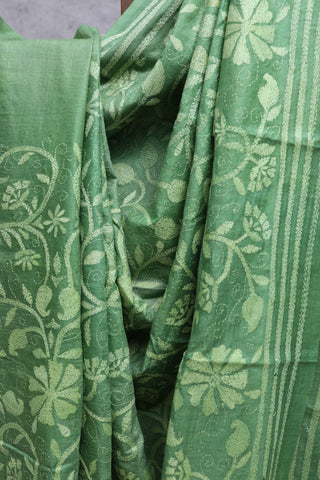 Green Tussar Silk Hand Embroidered Kantha Saree-SRGTSKS693