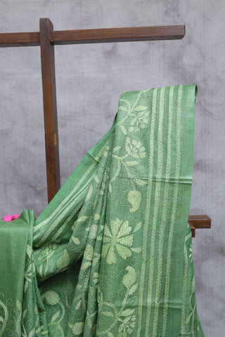 Green Tussar Silk Hand Embroidered Kantha Saree-SRGTSKS693