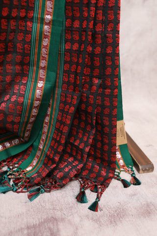 Black-Red Hathi Mor Khun Saree - SRBRHMKS40