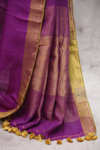 Purple Plain Linen Saree With Gold Tassels-SRPPLS152EX