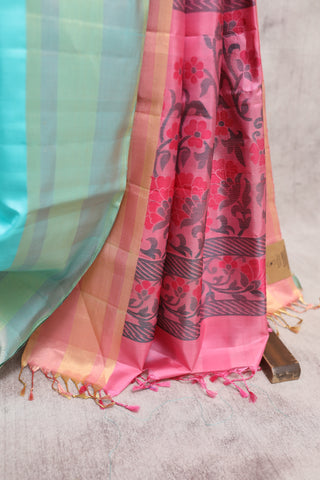 Aqua Soft Silk Saree With Zari Border And Floral Pallu Design - SRASSS170