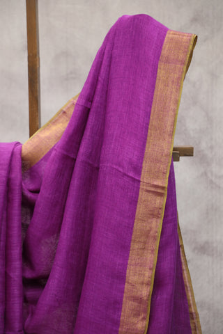 Purple Plain Linen Saree With Gold Tassels-SRPPLS152EX