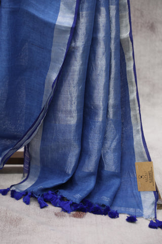 Blue Plain Linen Saree With Dark Blue Tassels-SRRBPLS168