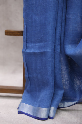 Blue Plain Linen Saree With Dark Blue Tassels-SRRBPLS168