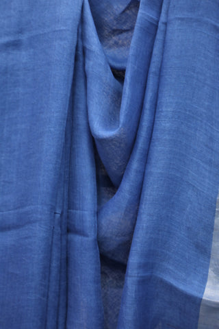 Blue Plain Linen Saree With Dark Blue Tassels-SRRBPLS168