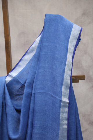 Blue Plain Linen Saree With Dark Blue Tassels-SRRBPLS168