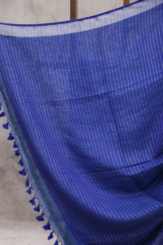 Blue Plain Linen Saree With Dark Blue Tassels-SRRBPLS168