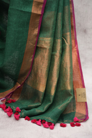 Dark Green Plain Linen Saree With Pink Tassels-SRDGPLS146EX