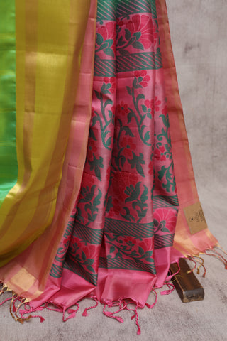 Parrot Green Soft Silk Saree With Zari Border And Floral Pallu Design - SRPGSSS169