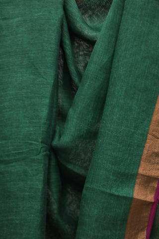 Dark Green Plain Linen Saree With Pink Tassels-SRDGPLS146EX