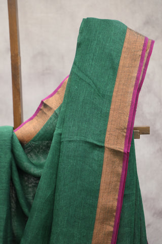 Dark Green Plain Linen Saree With Pink Tassels-SRDGPLS146EX