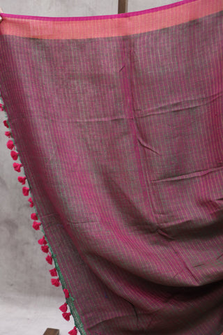 Dark Green Plain Linen Saree With Pink Tassels-SRDGPLS146EX