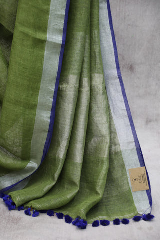 Green Plain Linen Saree With Tassels-SRGPLS175